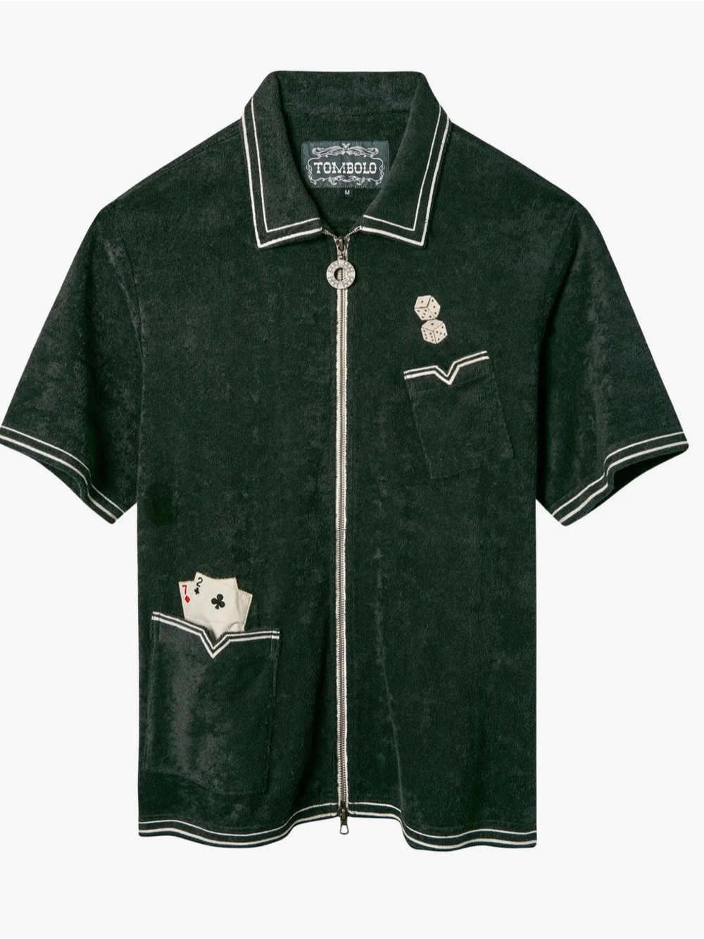 Tumbolo Men’s Dark Green Zip-Front Bowling Polo with Embroidered Cards & Dice